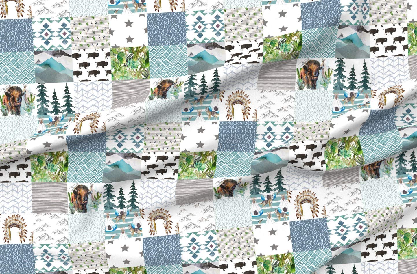 Boys Boho Buffalo Printed Minky Fabric by The Yard - Soft Plush Quilt Backing & Baby Blanket Sewing Material - Woodland Theme in Brown & Blue - Perfect for DIY Quilts, Nursery Decor & Cozy Blankets