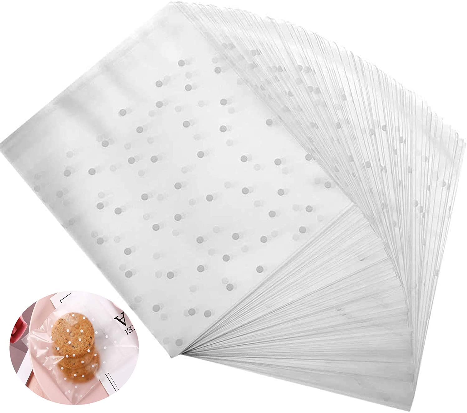 Lifelum 200 Pcs 4x4 Inch Self-Adhesive Clear Cookie Bags - White Polka Dot Cellophane Treat Bags for Bakery, Candy, Chocolate & Party Favors | Perfect for Gift Giving, Birthday Parties & Holiday Treats