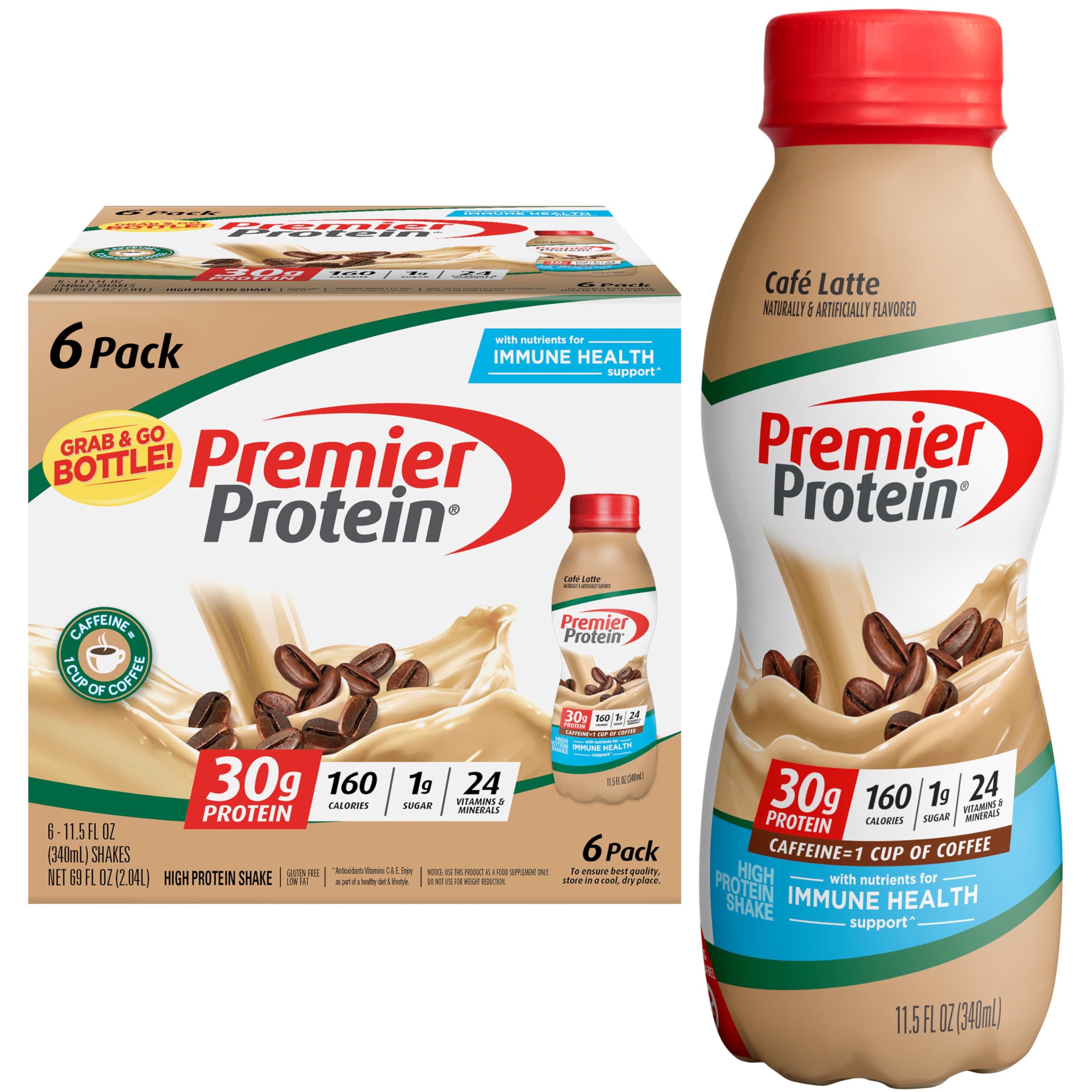 Premier Protein Shake Café Latte - 30g Protein, 1g Sugar, 24 Vitamins & Minerals for Immune Support - 11.5 fl oz (6 Pack) | Post-Workout Recovery, Meal Replacement & On-The-Go Nutrition