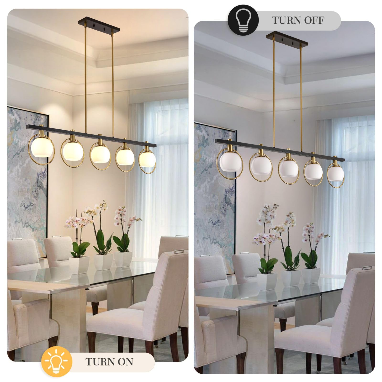 5-Light Black and Gold Farmhouse Linear Chandelier - Modern Kitchen Island Pendant Light with Glass Shade for Dining Room & Table Lighting | Perfect for Rustic Home Decor and Open Concept Spaces