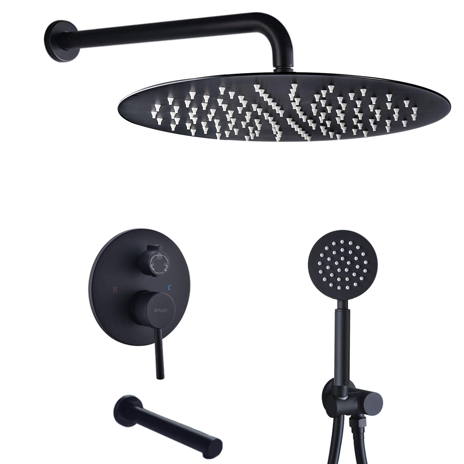 Black Wall Mount Bathtub Shower System - 3 Function Tub & Shower Trim Kit with 12 Inch Rain Shower Head, Handheld Spray & Tub Spout - Includes Rough-in Valve for Easy Installation - Perfect for Bathroom Renovation & Modern Home Spa Experience