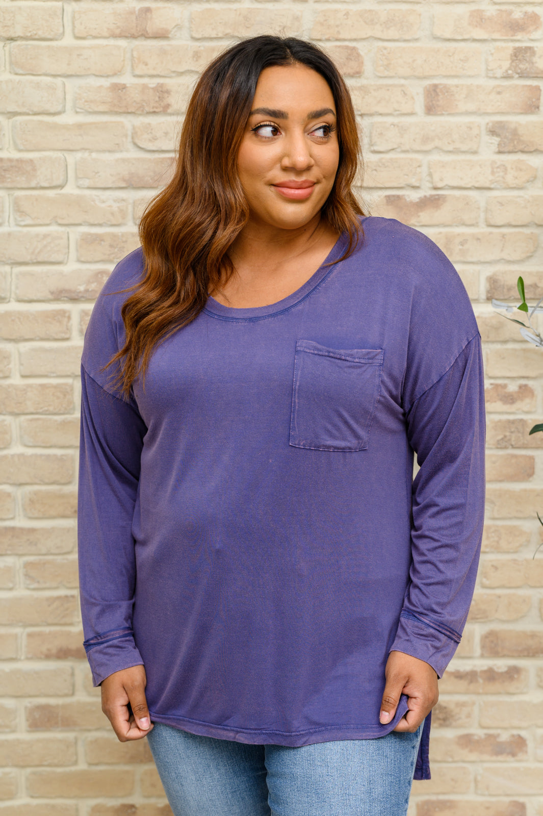 Denim Blue Long Sleeve Knit Top with Pocket - Casual Comfort for Everyday Wear & Layering Outfits
