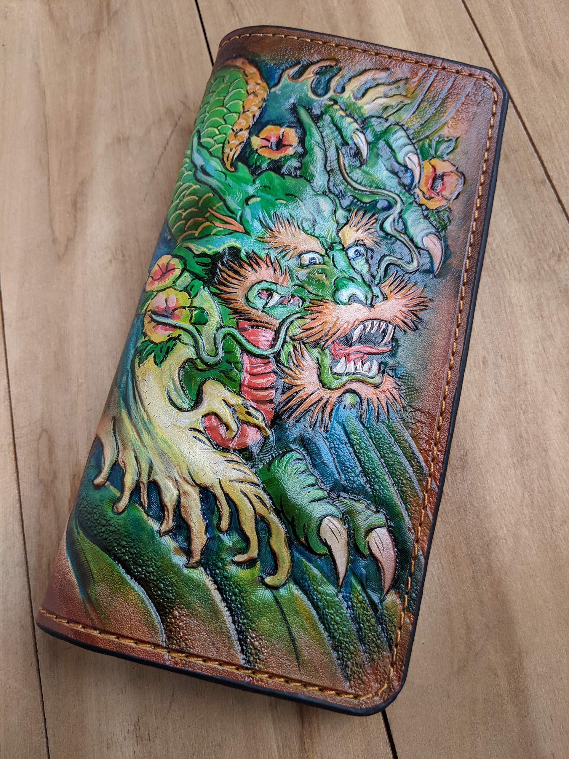 Handmade 3D Genuine Leather Wallet for Men - Long Biker Wallet with Hand-Carved Dragon Design - Custom Personalized Leather Wallet for Everyday Use & Gift Giving