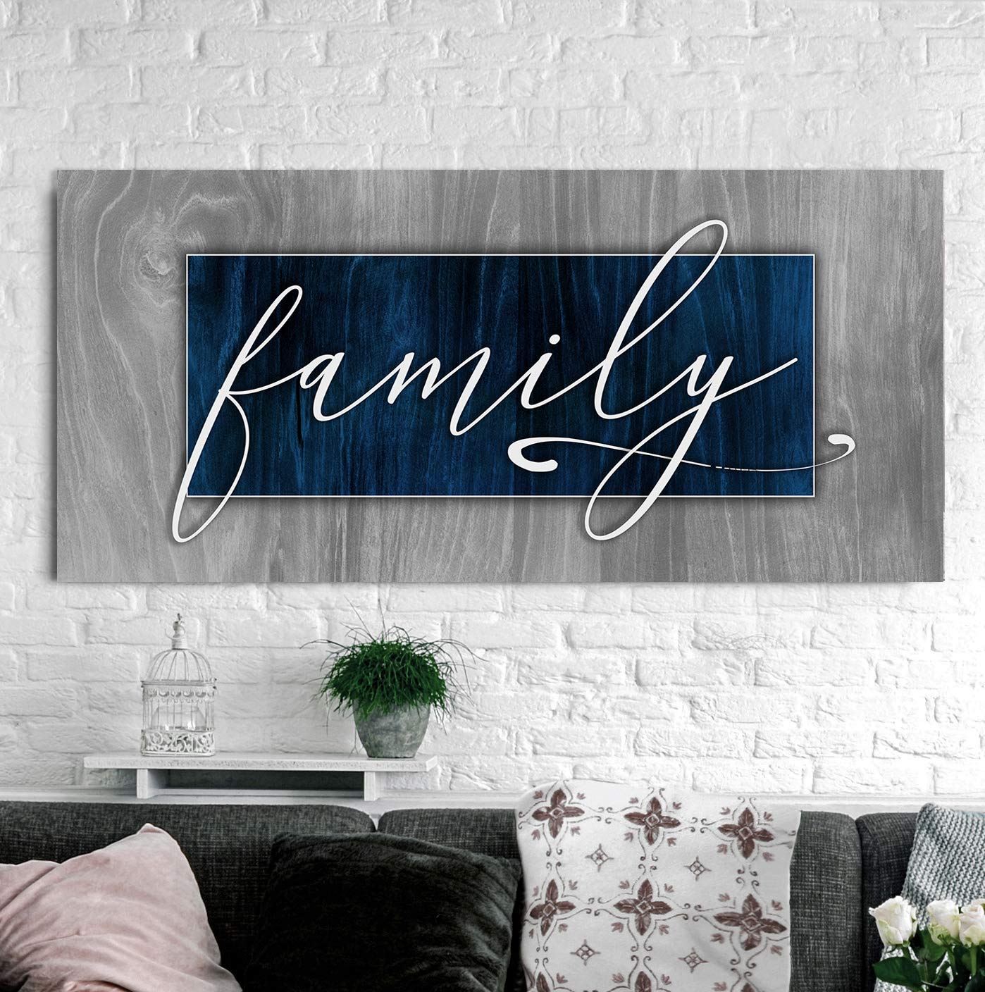 Farmhouse Family Sign Wall Decor - Rustic Hanging Art for Living Room - Blue Wooden Plaque 60x27 Inches - Perfect for Home Entryway, Farmhouse Style Living Room & Cozy Kitchen Decor