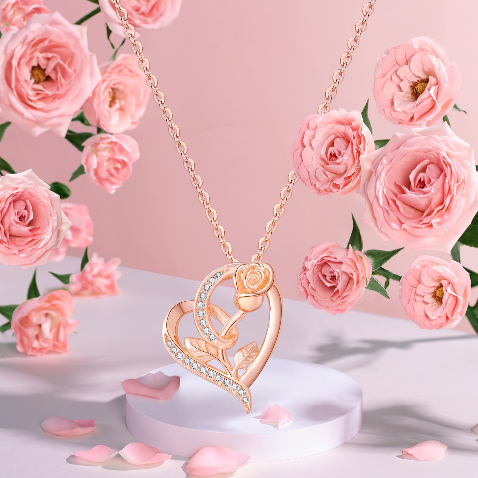 925 Sterling Silver Rose Flower Necklace with Heart Pendant - Elegant Rose Gold Jewelry Gift for Women, Girls & Mom | Perfect for Valentine's Day, Anniversary, Birthday & Special Occasions