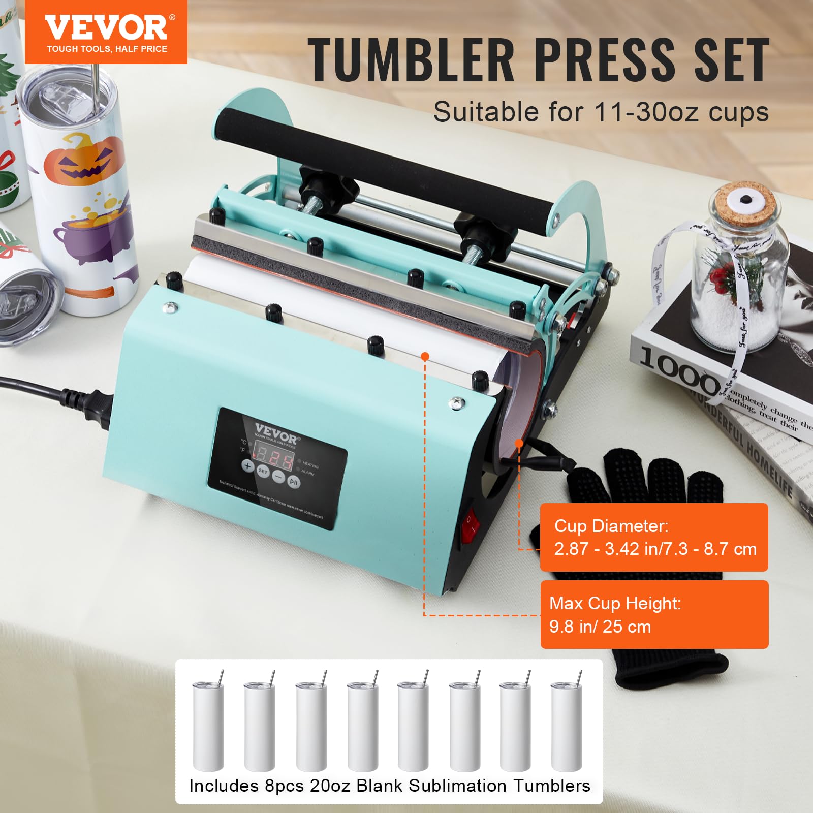 VEVOR 20OZ Tumbler Heat Press Machine & Sublimation Kit - 8pcs Stainless Steel Blank Tumblers, Mug Press for 11-30oz Cups - Includes Heat Transfer Paper, Gloves & Tape - Perfect for DIY Custom Tumblers, Personalized Gifts & Small Business Printing