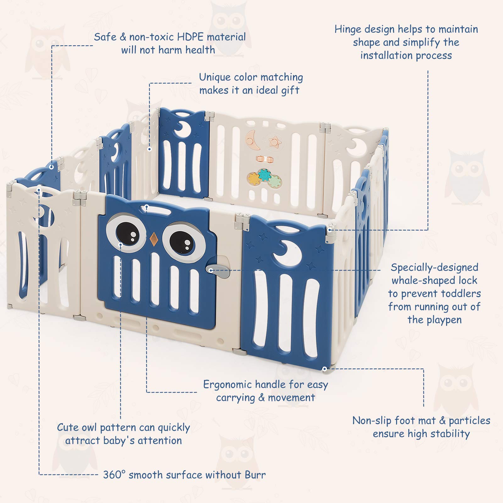 Costzon 14-Panel Foldable Baby Playpen with Locking Door - Non-Slip Rubber Bases & Cushioned Pads for Safety - Indoor/Outdoor Adjustable Play Yard for Toddlers (Blue) - Perfect for Home, Backyard, Daycare & Travel Use