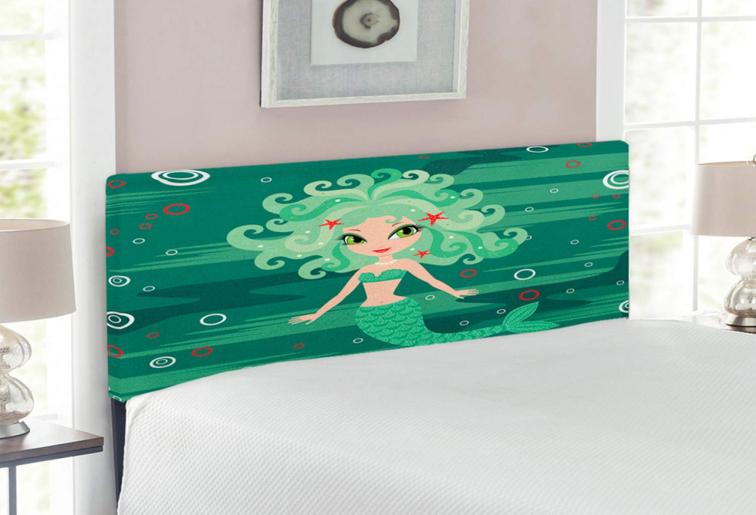 Ambesonne Full Size Underwater Mermaid Headboard - Cartoon Water Bubbles & Starfish Print, Upholstered Decorative Metal Bed Frame with Memory Foam in Green | Perfect for Kids' Bedroom, Ocean Theme Decor & Fantasy Room Design