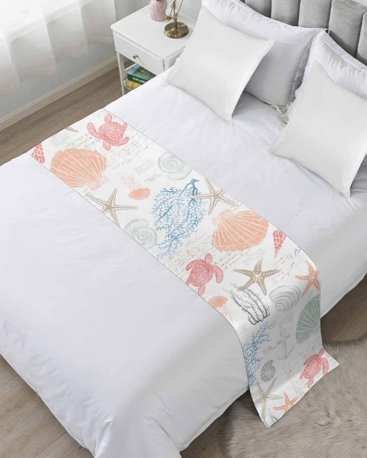 DecorLovee Orange Red Blue Coastal Nautical Queen Size Bed Runner - Ocean Themed Bed Throw for Foot of Bed or Sofa - Beach Decor with Sea Turtle, Coral & Starfish Design - Perfect for Bedroom, Guest Room or Beach House Decor
