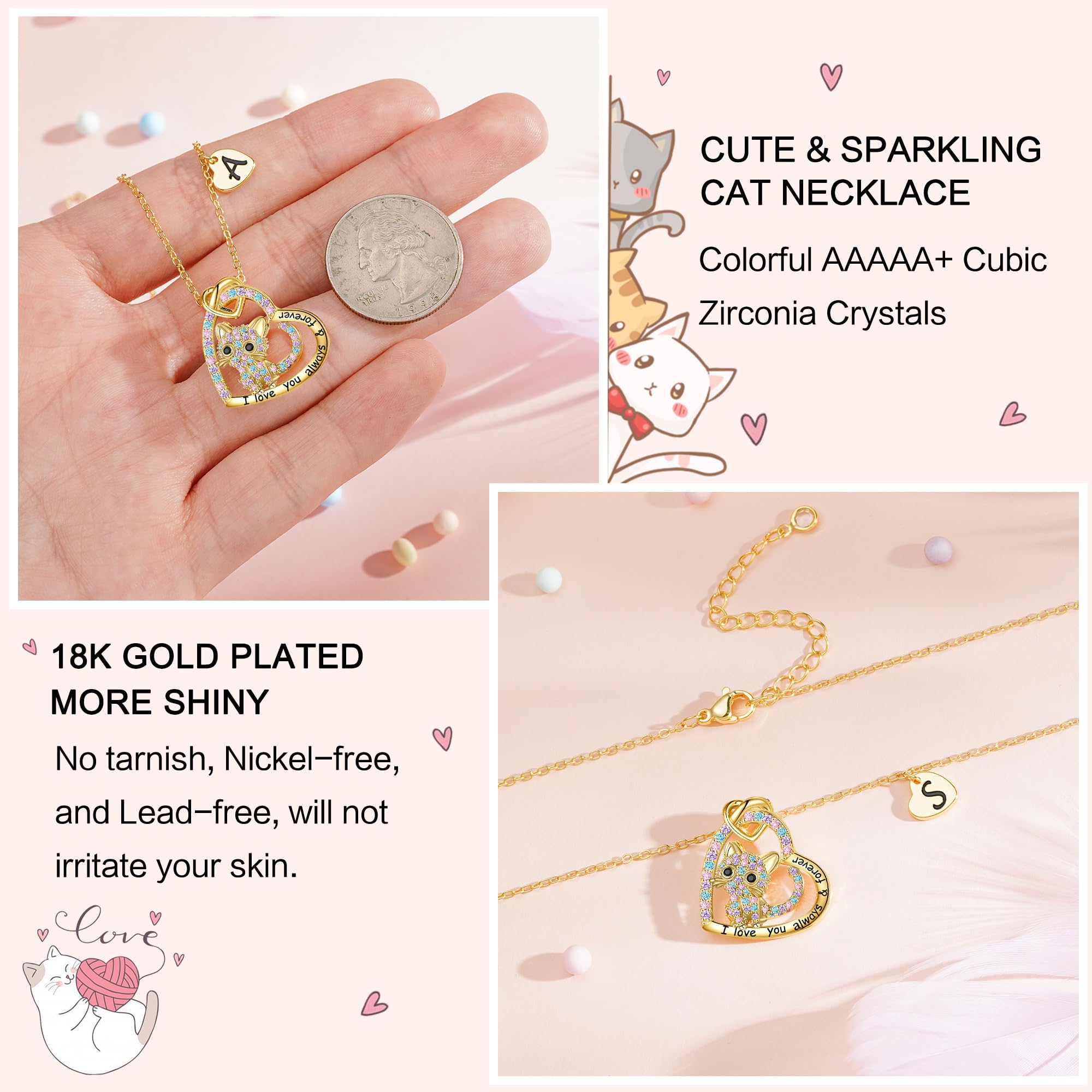 18K Gold Plated CZ Heart Cat Pendant Necklace for Women - Personalized Initial Cat Jewelry, Birthday & Christmas Gift for Cat Lovers - Perfect for Casual Wear, Date Nights & Special Occasions