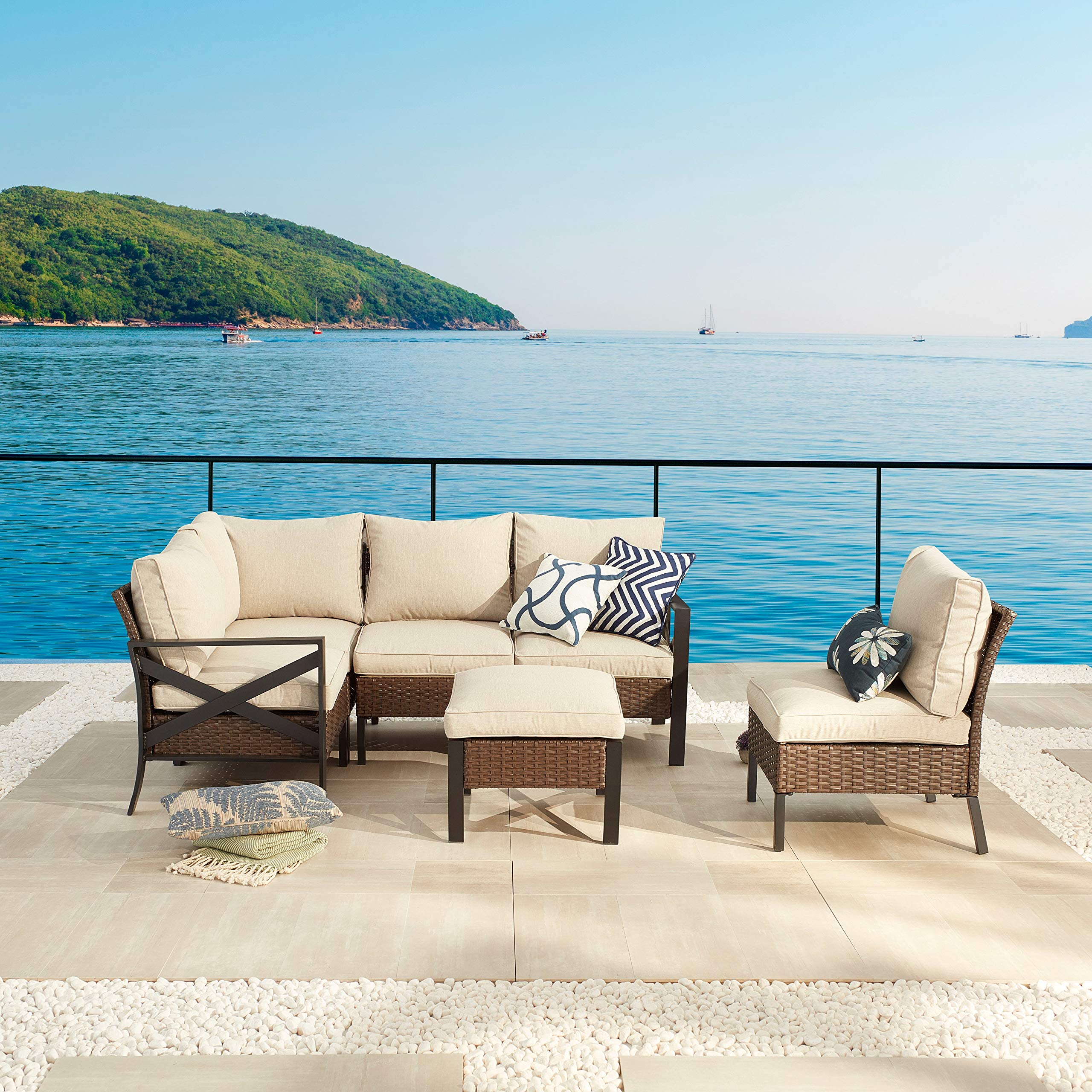 Outdoor Wicker Patio Dining Set - 5-Piece Armless Sectional Sofa with Ottoman, Rattan Furniture for Poolside, Garden, Deck, Balcony & Beach (Brown) | Perfect for Entertaining, Lounging & Relaxing Outdoors