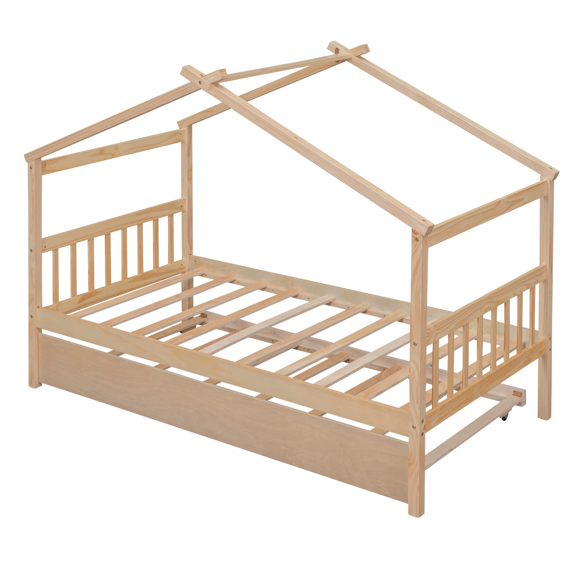 Montessori Twin House Bed with Trundle - Natural Wood Playhouse Tent Bed Frame for Kids, Girls & Boys - Perfect for Bedrooms, Playrooms & Montessori Learning Environments