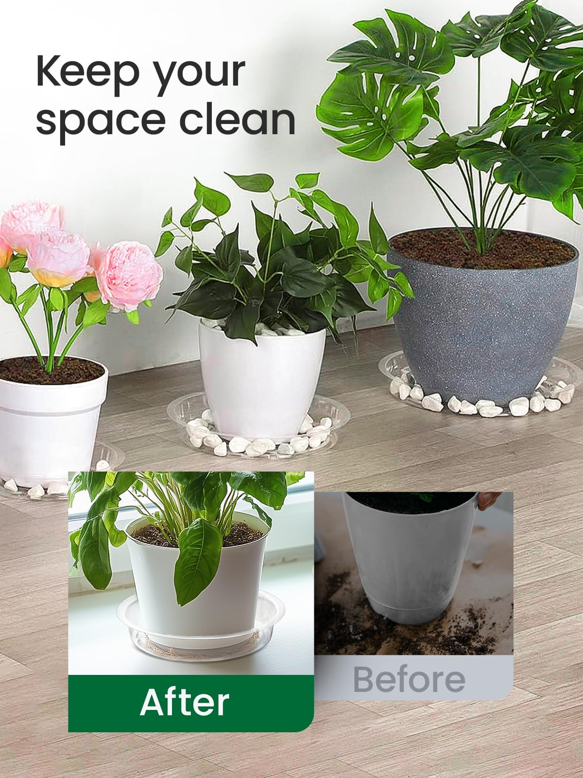 GROWNEER 24 Pack Clear Plastic Plant Saucers & Drip Trays - 6, 8, 10, 12 Inch Flower Pot Trays with 15 Plant Labels for Indoor/Outdoor Plants, Garden, Potted Flowers (4 Sizes, 6pcs Each) - Perfect for Drainage Protection on Decks, Patios & Windowsills