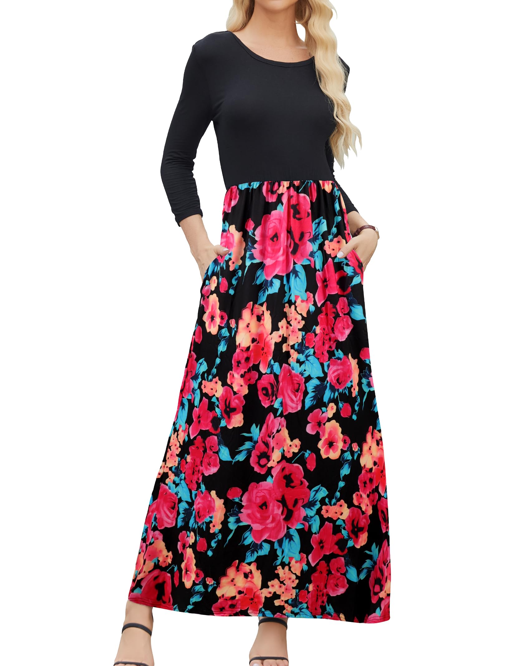 Supnier Women's 3/4 Sleeve Floral Maxi Dress with Pockets - Casual Long Boho Dress for Summer, Beach, Vacation & Everyday Wear