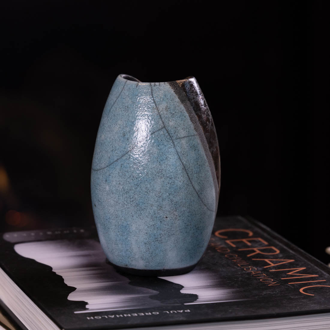Handmade Medium Small Manipulated RAKU Pot #10 - Crackled Turquoise, Dark Neutrals & Copper Glaze - Unique Ceramic Planter for Home Decor, Office Desk or Gift Idea