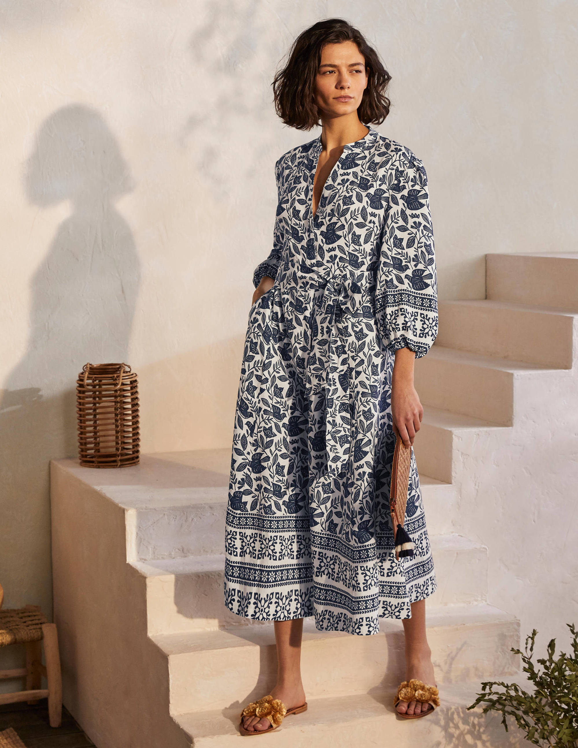 Addie Linen Midi Dress Women's Ivory Floral Summer Dress - Perfect for Beach Vacation, Garden Party & Casual Outings