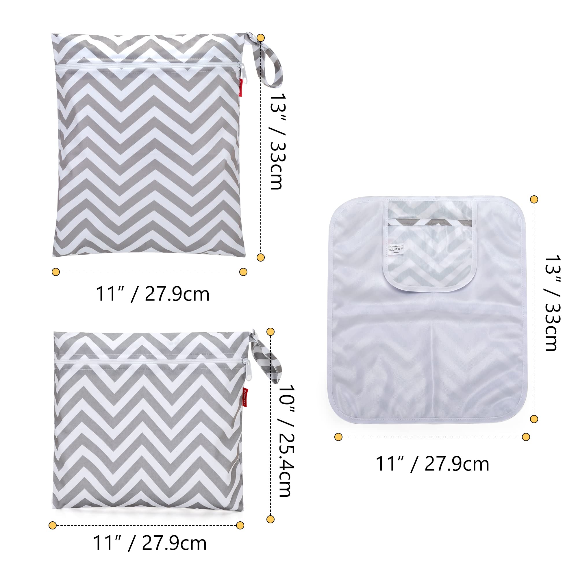 Damero Breast Pump Parts Bag - 2 Pack Waterproof Wet Bags for Breast Pump Accessories Storage with Non-Slip Mat, Gray Chevron Pattern | Perfect for Travel, Work & Hospital Use