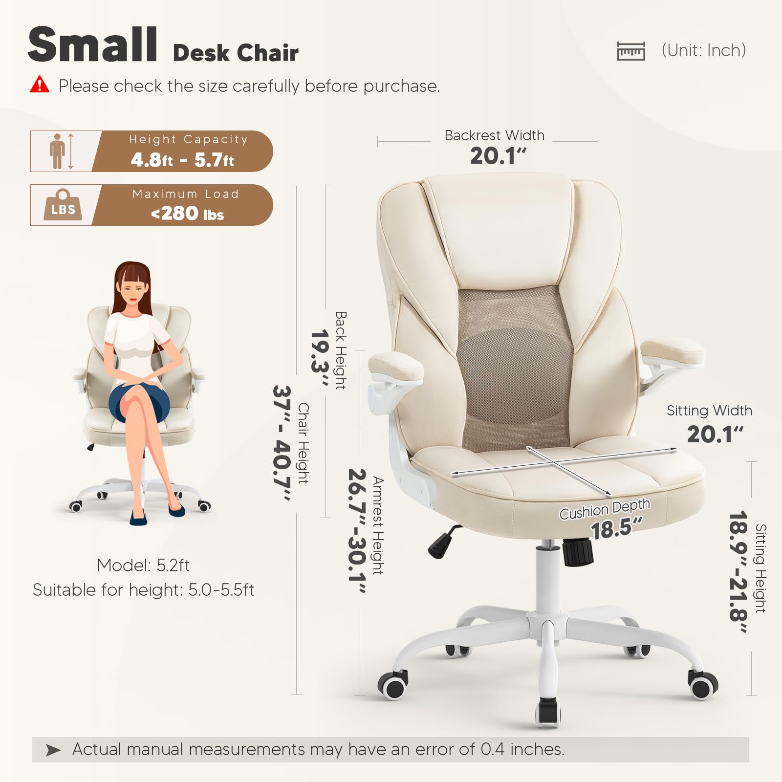 SEATZONE Beige Ergonomic Office Chair with Wheels - Mesh Back & Velvet Fabric Desk Chair for Teens & Adults - Perfect for Home Office, Study & Gaming