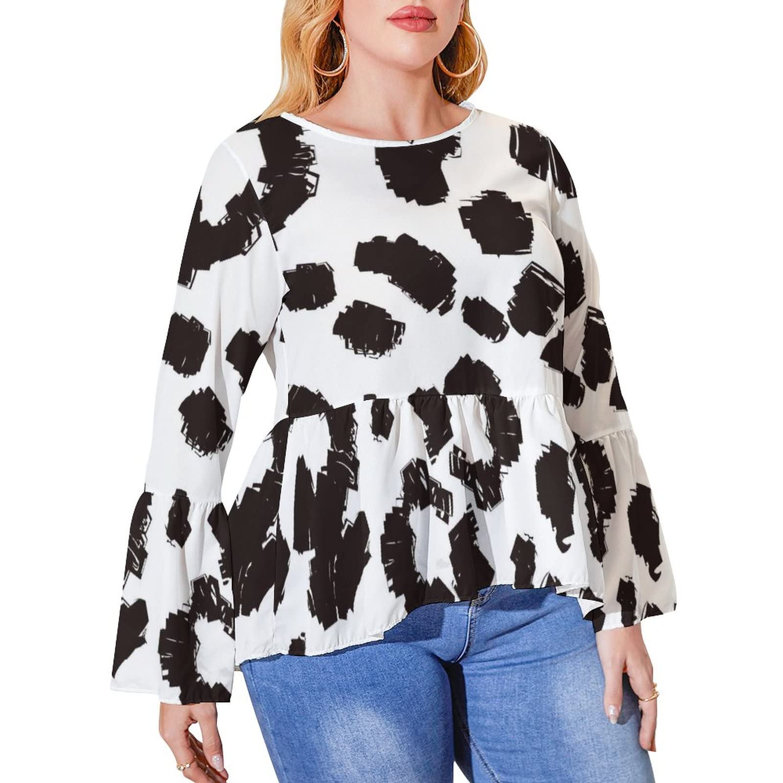 LTtie Women's Plus Size Peplum Tops Cow Print Long Bell Sleeve Blouse - Flowy Casual Shirt for Women | Perfect for Office Wear, Date Night & Spring Outfits