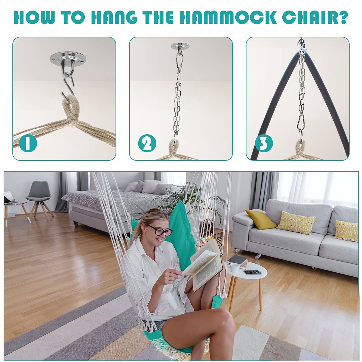 Premium Cotton Hammock Swing Chair with Pocket & Steel Support Bar - 500lbs Capacity - Indoor & Outdoor Hanging Chair with 2 Soft Cushions - Perfect for Patio, Garden, Balcony & Backyard Relaxation