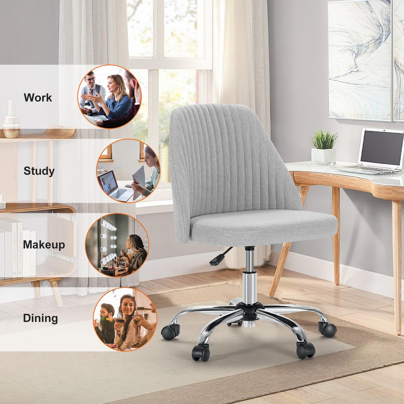 Sweetcrispy Armless Office Chair - Modern Fabric Swivel Desk Chair with Wheels & Adjustable Height, Ergonomic Computer Task Chair for Small Spaces | Perfect for Home Office, Study Room & Vanity Area