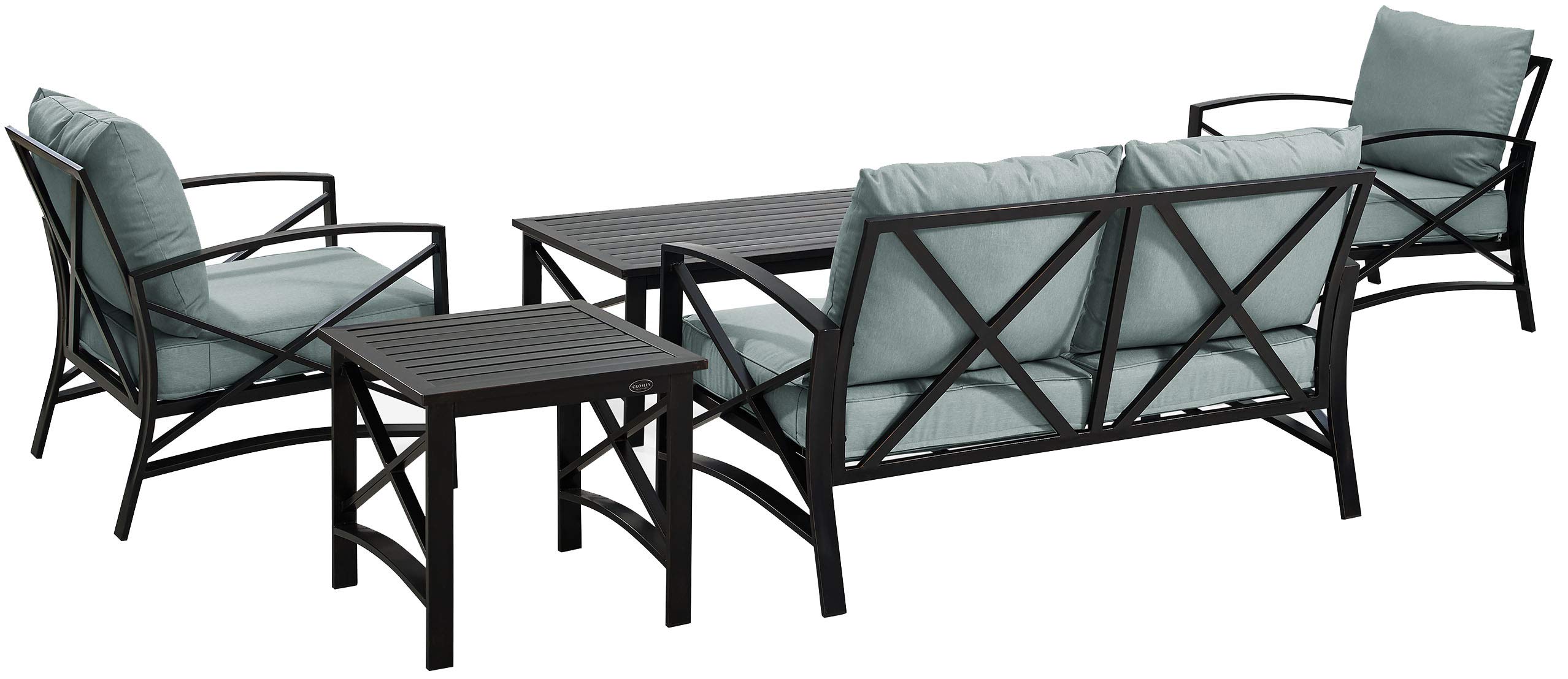 Crosley Kaplan 5-Piece Outdoor Loveseat Patio Set - Oiled Bronze Frame with Mist Cushions, Weather-Resistant Conversation Furniture for Porch, Deck, Backyard & Garden Relaxation