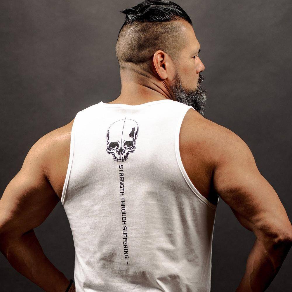 Men's Strength Through Suffering Tank Top - White | Workout & Gym Shirt for Men | Perfect for Fitness Training & Weightlifting