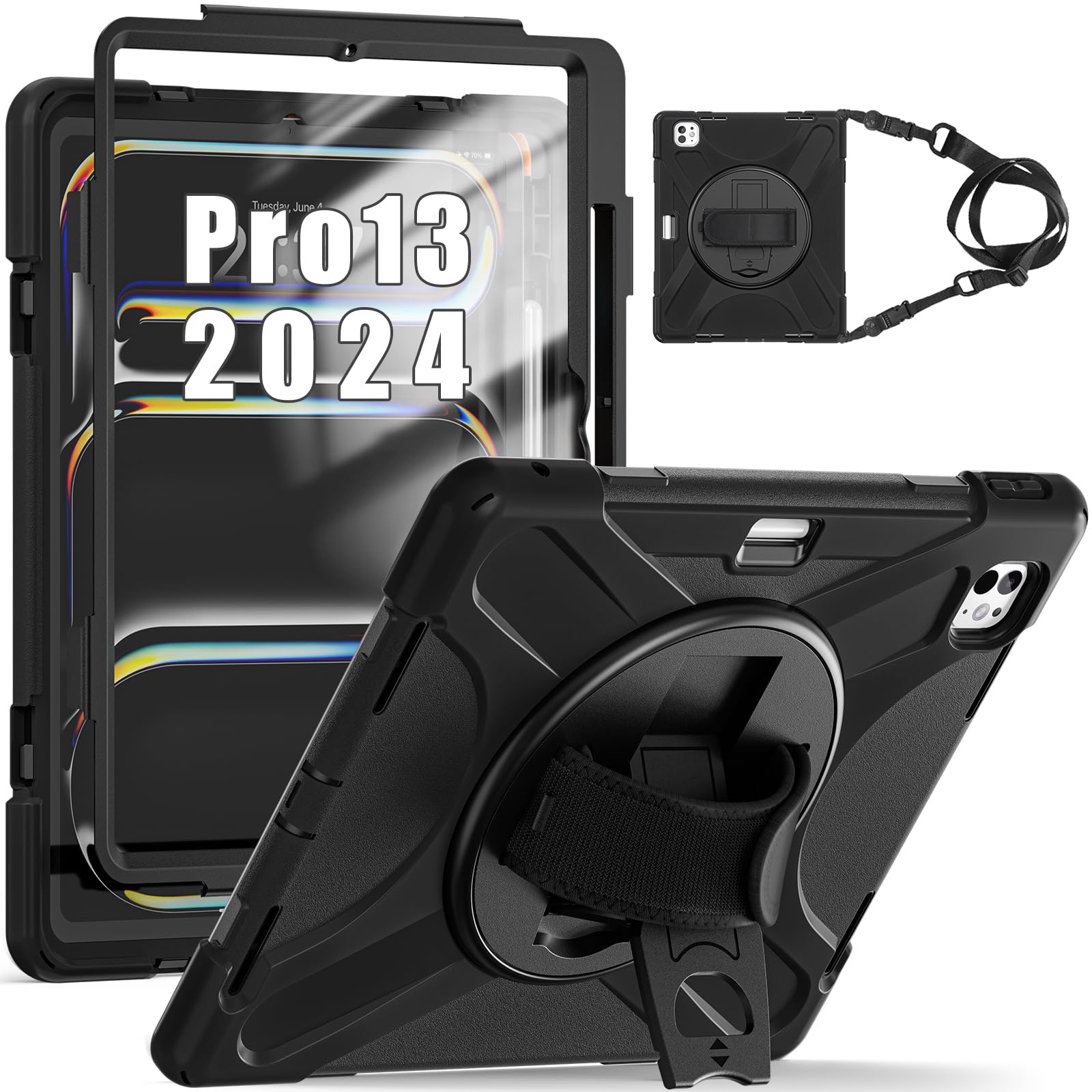 **TSQQST iPad Pro 13 Inch Case 2024 (7th Gen) M4 - Heavy Duty Rugged Protective Cover with Screen Protector, Pencil Holder, 360° Rotating Stand & Hand Strap - Military Grade Shockproof for iPad Pro 13