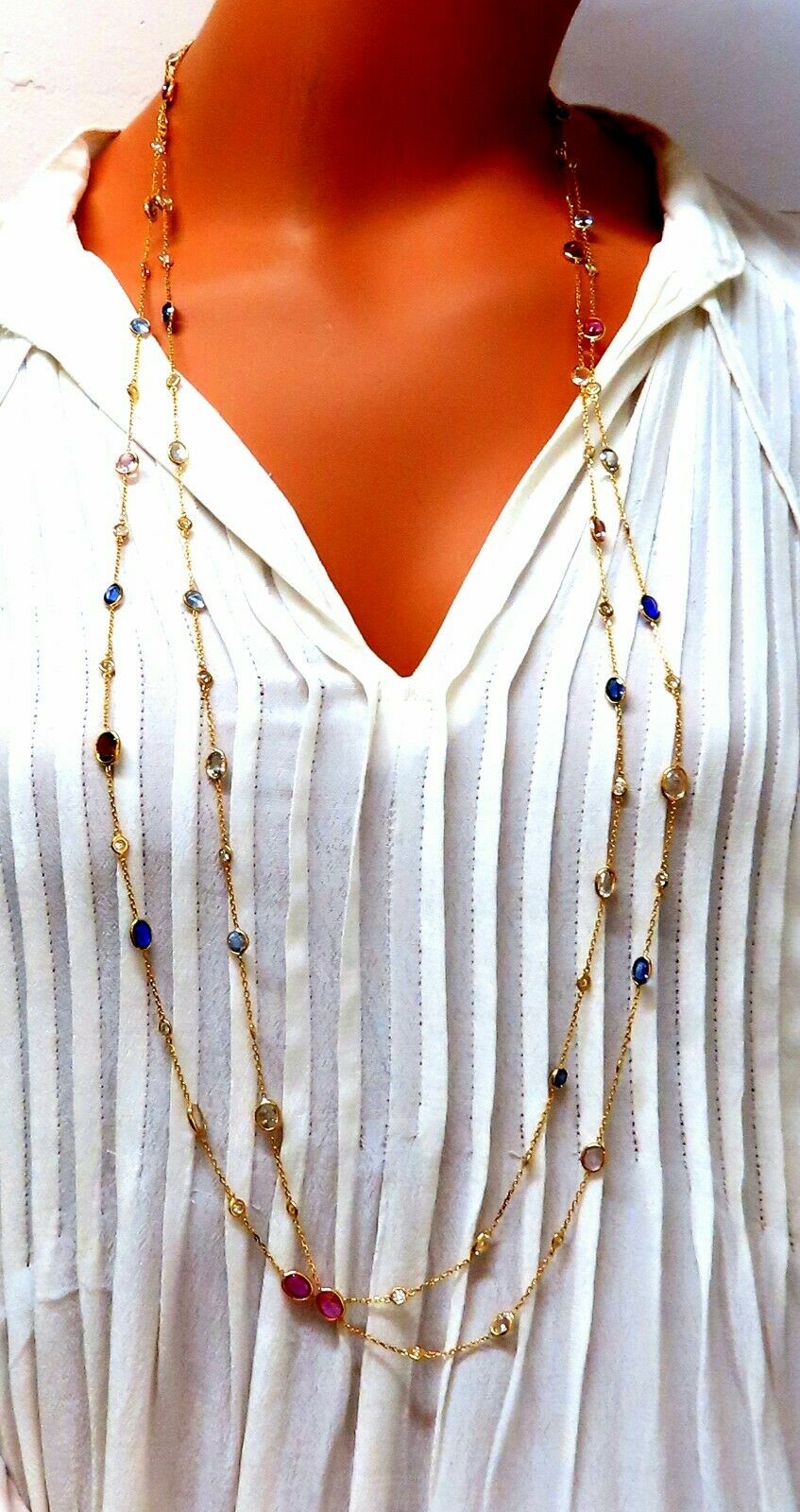 43.05ct Natural Vivid Blue Sapphire and Diamond 14K Gold 4-Tier Wrap Necklace - 76 Inch Luxury Statement Jewelry for Weddings & Special Occasions