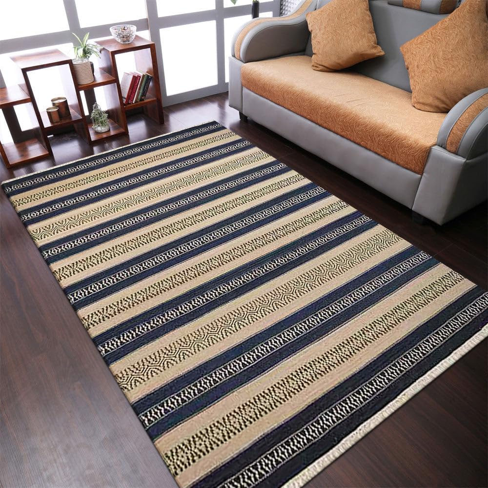 Hand Woven Flat Weave Kilim Wool Eco-Friendly Area Rugs 8'x10' - Rectangle Aqua Cream Contemporary Modern Low Pile Handmade Rug for Living Room, Bedroom & Home Decor | Non-Slip Durable Floor Covering (D00114)