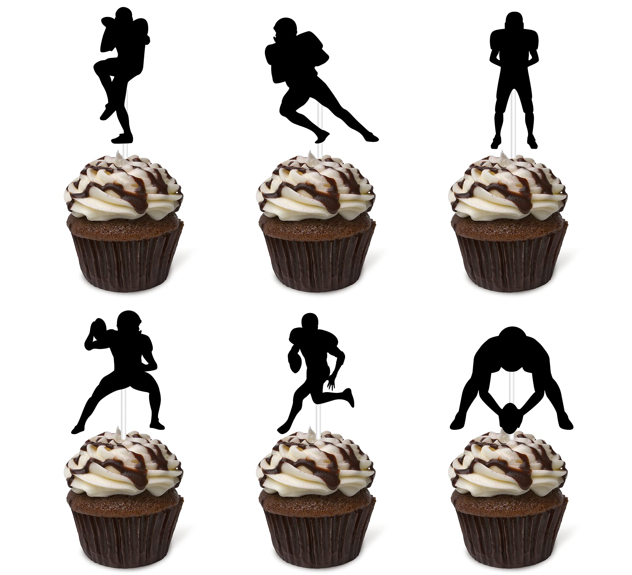 American Football & Rugby Cupcake Toppers - 24pcs Sports Themed Party Decorations for Men's Birthday, Black Glitter Ball Game Toppers - Perfect for Game Day Parties, Sports Themed Birthday Cakes, and Tailgating Events