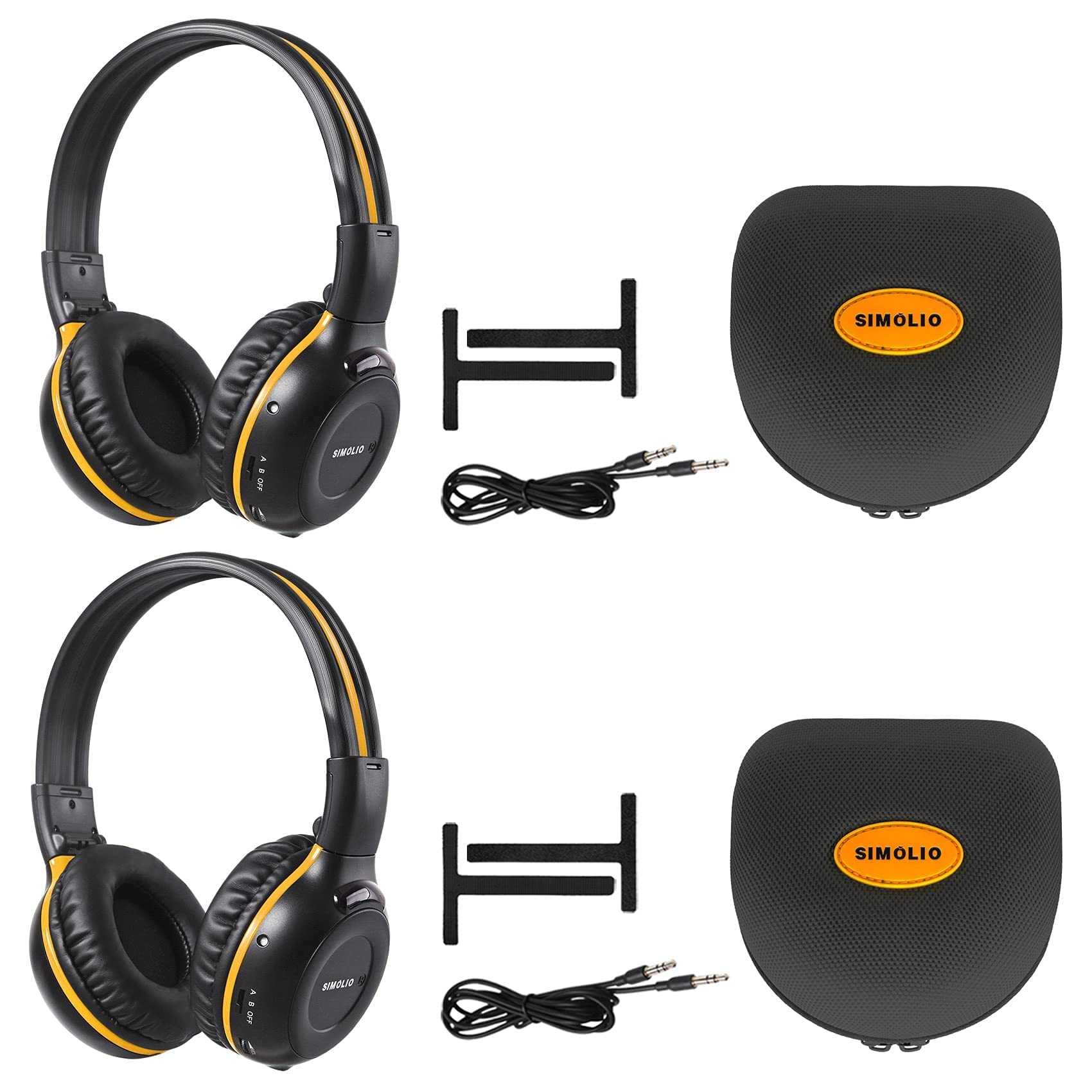 SIMOLIO Dual Channel IR Transmitter with Optical Input & 2 Pack Wireless IR Headphones for Car TV/DVD - On-Ear Wireless Headset with EVA Case & AUX Cable - Perfect for Road Trips, Family Travel and In-Car Entertainment Systems