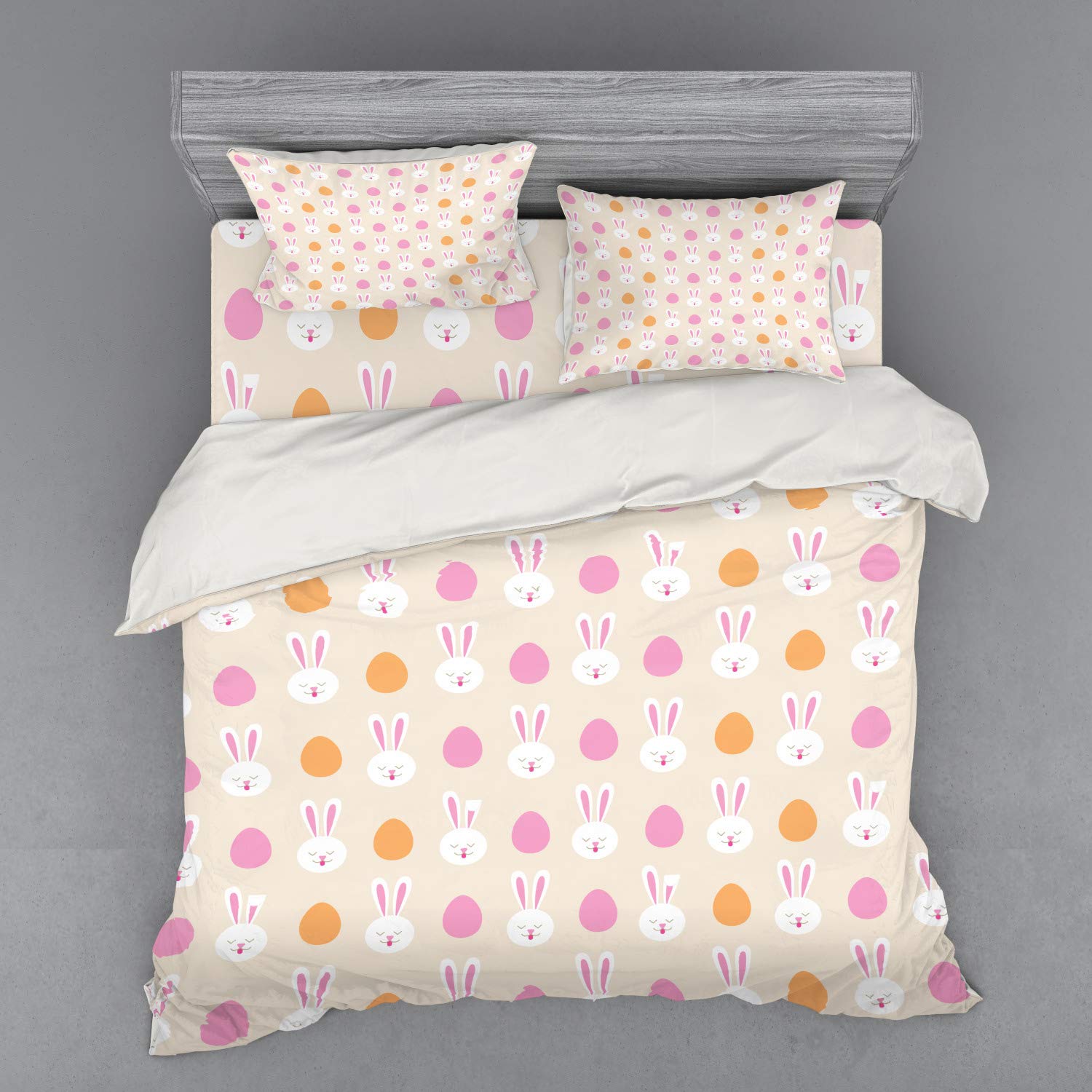Ambesonne Easter Duvet Cover Set - Cartoon Bunny Faces & Egg Silhouettes 4-Piece Bedding Set with Shams & Fitted Sheet, King Size, Pale Pink & Orange - Perfect for Kids' Rooms, Easter Decor & Spring Themed Bedrooms