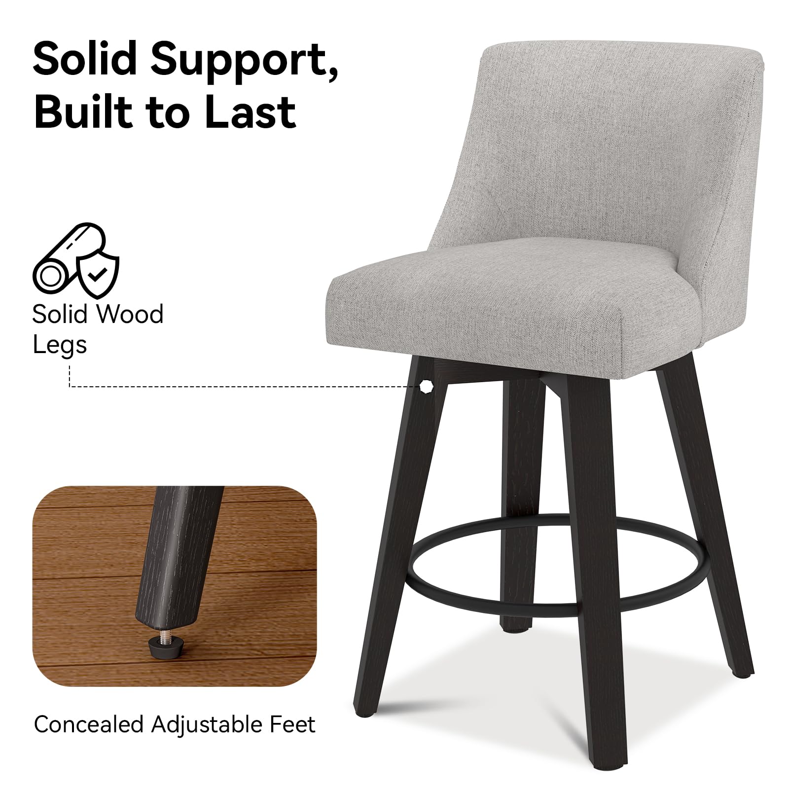 26 Inch Counter Height Swivel Bar Stools Set of 4 with Footrest - Linen Fabric Upholstered Barstools with Back Support & Solid Wood Legs - Perfect for Kitchen Island, Dining Room, Pub or Home Bar - Light Grey Modern Seating