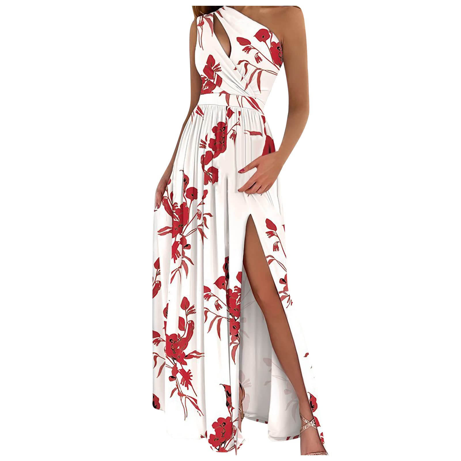 Elegant One Shoulder High Slit Long Dresses for Women - Summer Sleeveless Ruched Maxi Dress for Casual Wear, Beach Party & Evening Events