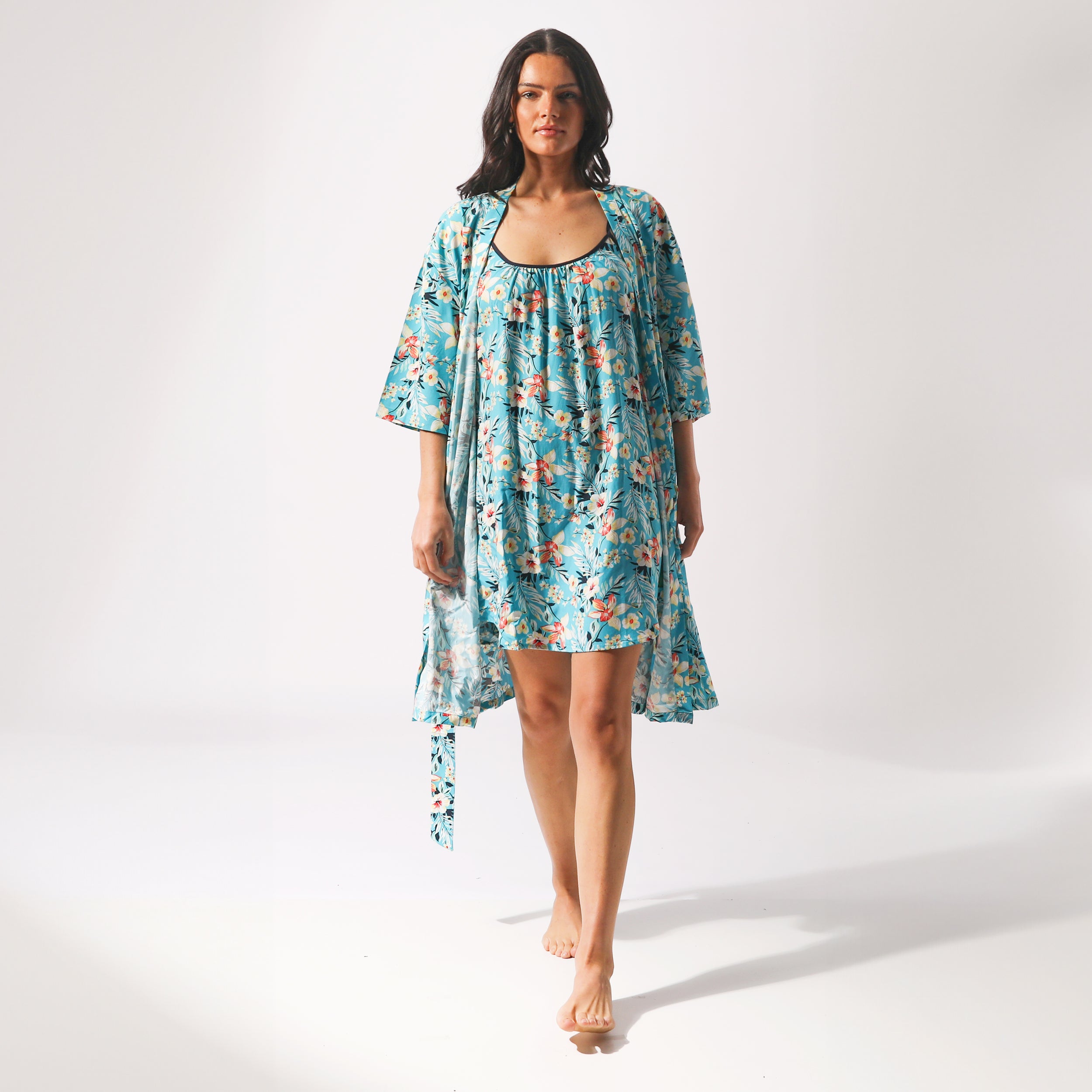 Women's Twilight Floral Woven Robe - Soft Blue Cotton Kimono Style Bathrobe for Spa, Lounge & Home Relaxation
