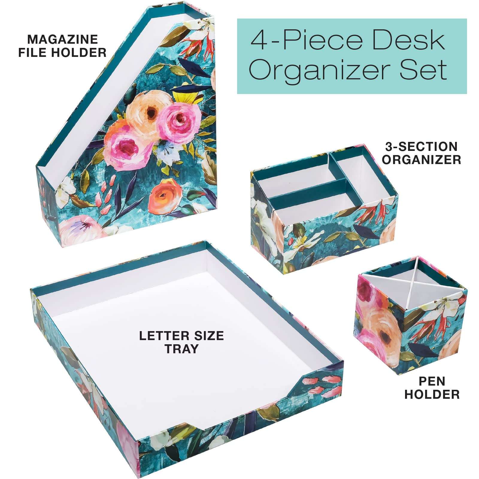 Floral Printed Desk Organizer Set - Letter Tray, Folder Stand, 3-Section Organizer & Pen Holder - Stylish Home Office Organization for Work & Study