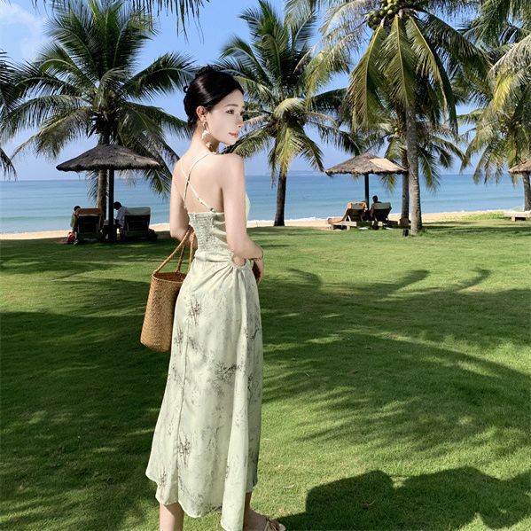 2025 New Chinese Ink Print Maxi Dress - Elegant Zen National Style Women's Long Dress with Waist Tie & Suspenders | Perfect for Boho Festivals, Date Nights & Special Occasions