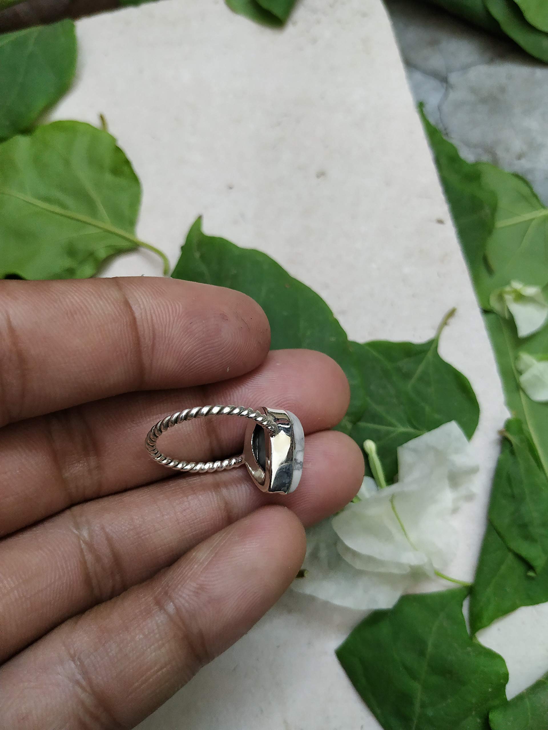 White Howlite Sterling Silver Ring – Bohemian Turquoise Howlite Promise Ring for Women | Buffalo Twisted Band Vintage Style Bridesmaid Gift | Healing Crystal Jewelry for Spiritual Wellness & Boho Chic Outfits