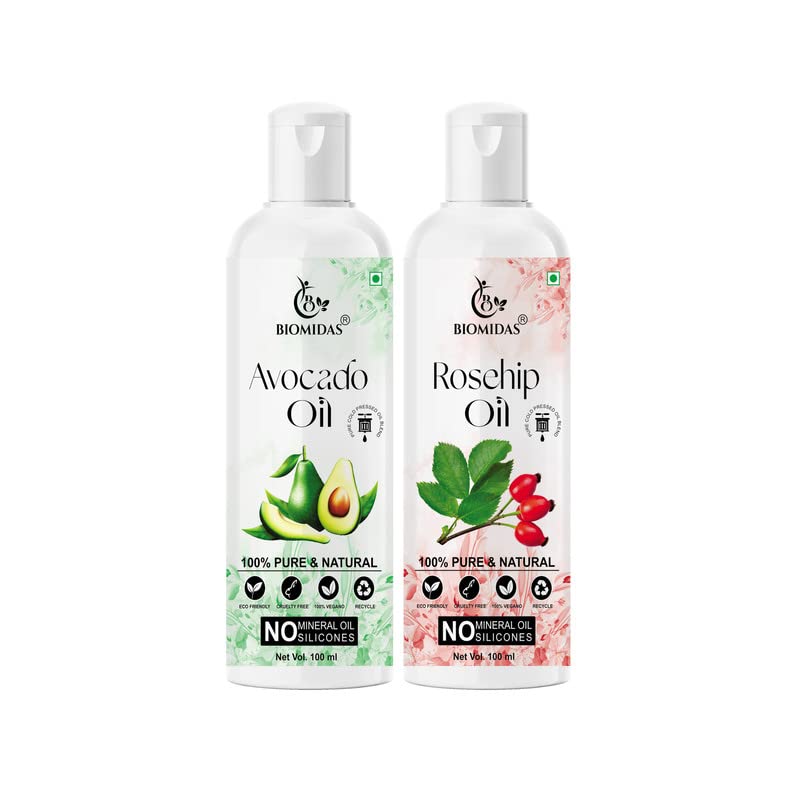 Biomidas 100% Pure Avocado Oil & Rosehip Oil Combo Set - 100ML Each for Hair Growth, Anti Hair Fall, Split Ends Treatment - Promotes Soft, Shiny Hair (Pack of 2) - Perfect for Daily Hair Care & Scalp Massage
