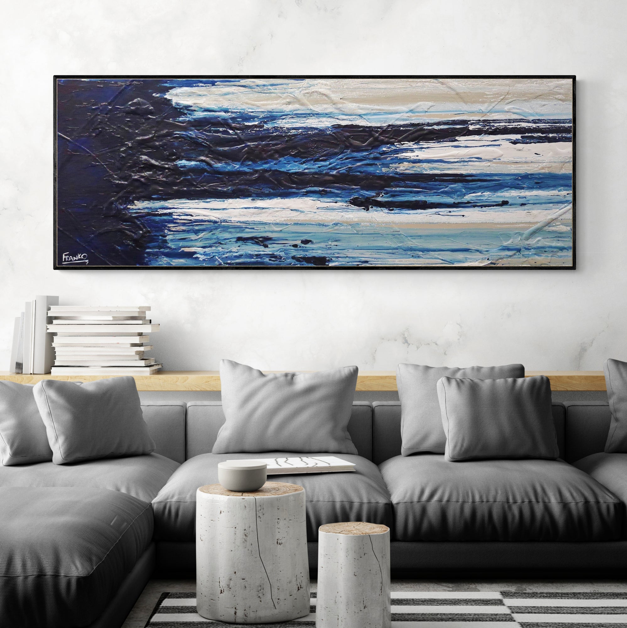 Midnight Mumbo 160cm x 60cm Navy Blue Abstract Textured Canvas Painting - Modern Wall Art for Living Room, Bedroom & Office Decor