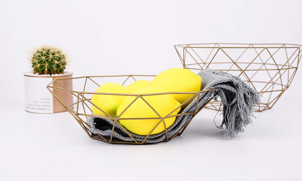 Geometric Metal Wire Fruit Basket - Large Gold Iron Art Kitchen Countertop Storage Bowl for Apples, Bananas & Oranges - Perfect for Dining Table, Pantry & Farmhouse Decor