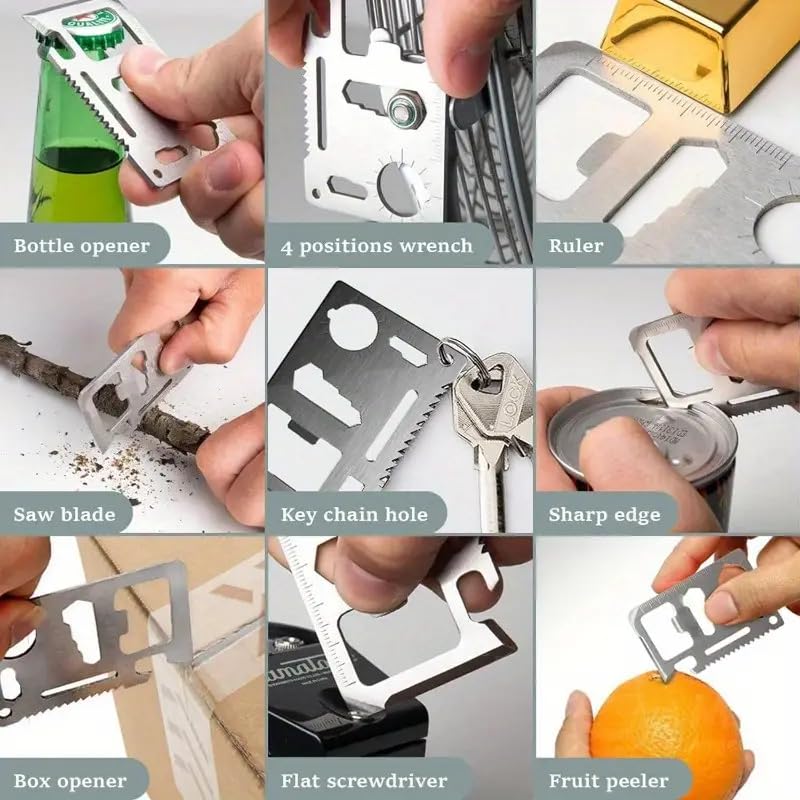 JUDEE 11-in-1 Stainless Steel Credit Card Survival Tool - Multipurpose Bottle Opener, Wallet-Sized Pocket Multitool for Camping, Hiking & Everyday Carry (EDC)