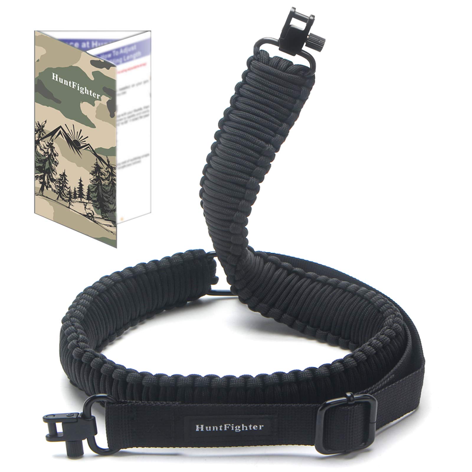 HuntFighter Adjustable 2-Point Rifle Sling with Swivels - 550 Paracord Gun Sling for Hunting, Tactical & Outdoor Use - Quick Length Adjustment - Durable Black Shooting Accessory - Perfect for Hunting, Range Training & Field Operations