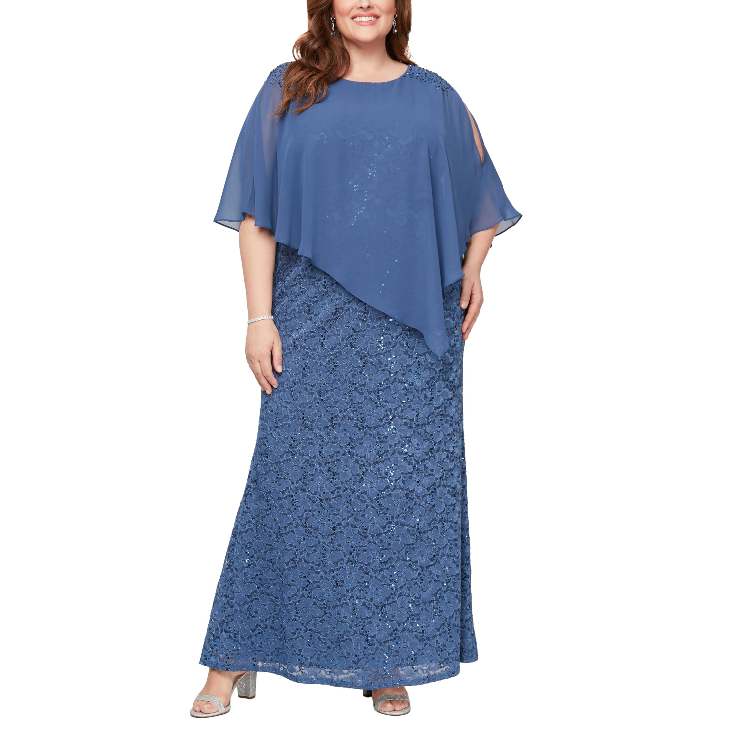 Elegant Plus Size Sequin Lace Beaded Capelet Dress for Women | Mother of The Bride & Formal Evening Gown | Perfect for Weddings, Galas & Special Occasions