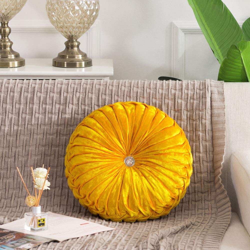 Zituop 13.8-inch Round Velvet Throw Pillow - Pleated Pumpkin Shaped Decorative Cushion for Couch, Bed, Sofa & Bedroom - Soft Yellow Home Decor for Living Room, Nursery & Dorm