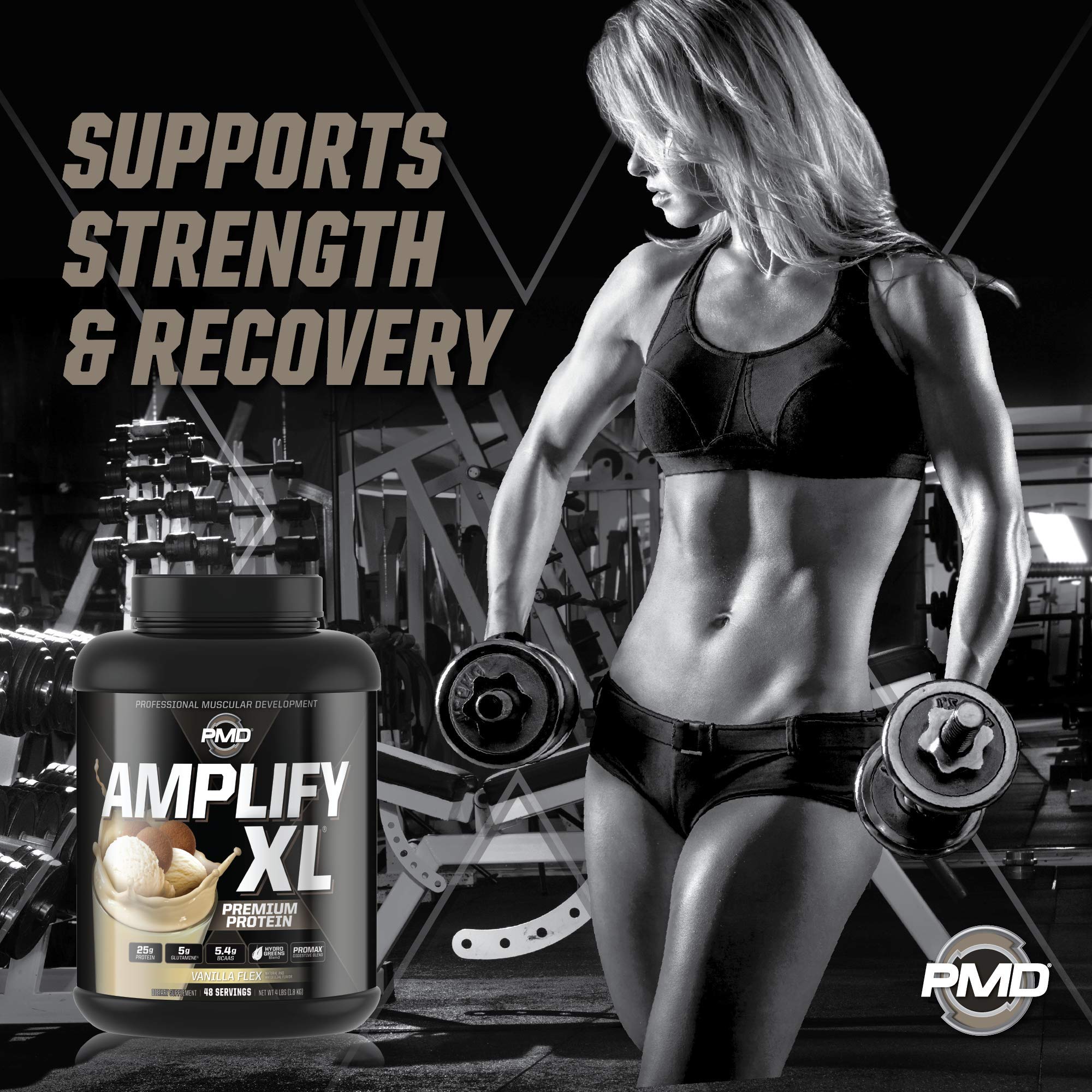 PMD Sports Amplify XL Premium Whey Protein Powder with Hydro Greens Blend - Glutamine & Superfood Matrix for Muscle Growth, Strength & Recovery - Vanilla Flex Flavor (48 Servings) - Ideal for Post-Workout, Meal Replacement & Fitness Enthusiasts