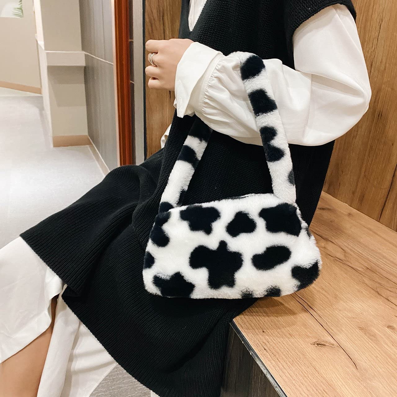 Women's Fluffy Faux Fur Cow Print Shoulder Bag - Trendy Clutch Purse & Underarm Handbag with Zipper - Stylish Satchel Tote for Parties, Date Nights & Casual Outings