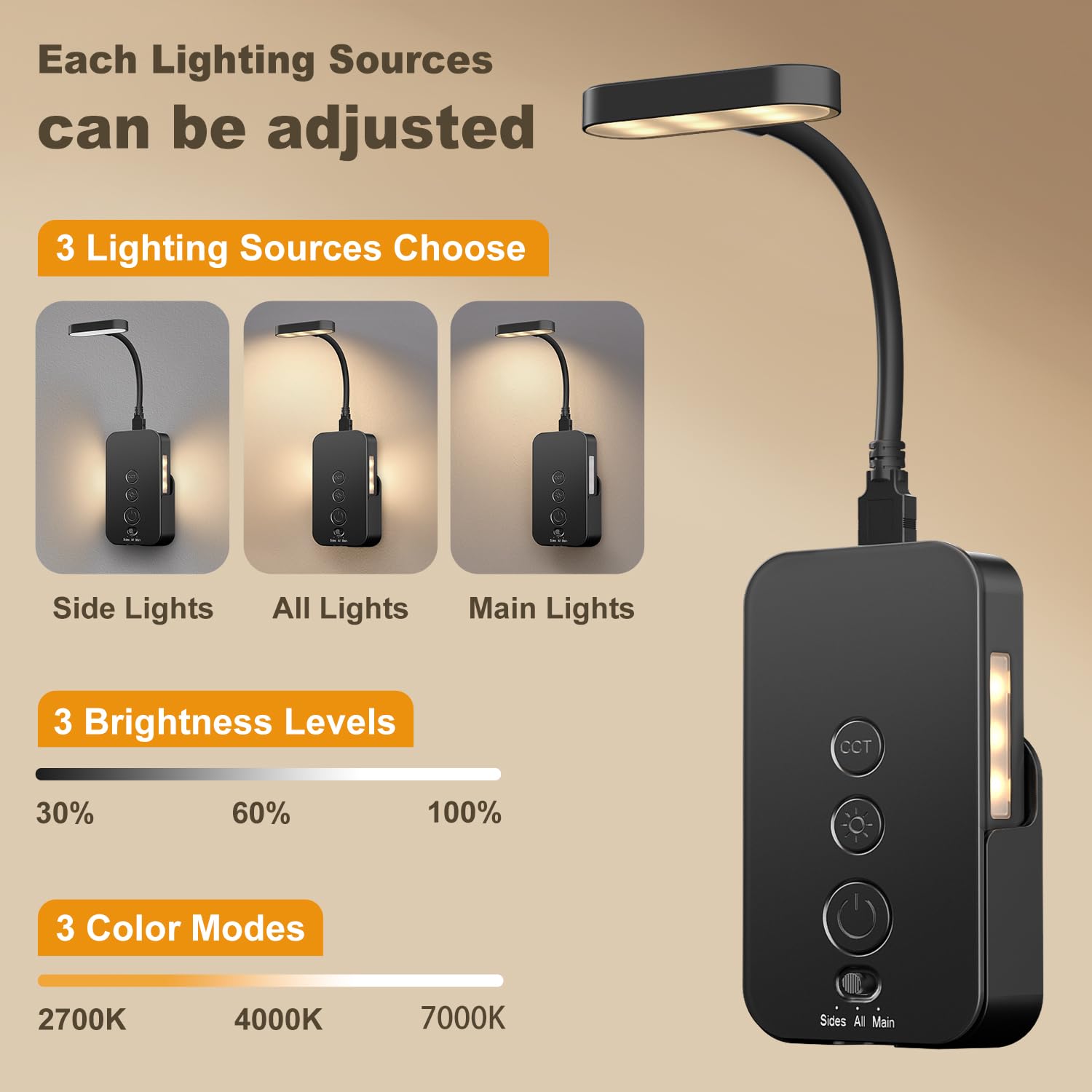 Ellasay Rechargeable LED Reading Light - 3 Color Stepless Dimmable Book Light with Timer, Portable Bedside Lamp for Night Reading, Detachable Wall Light for Bedroom, Study & Travel - Black