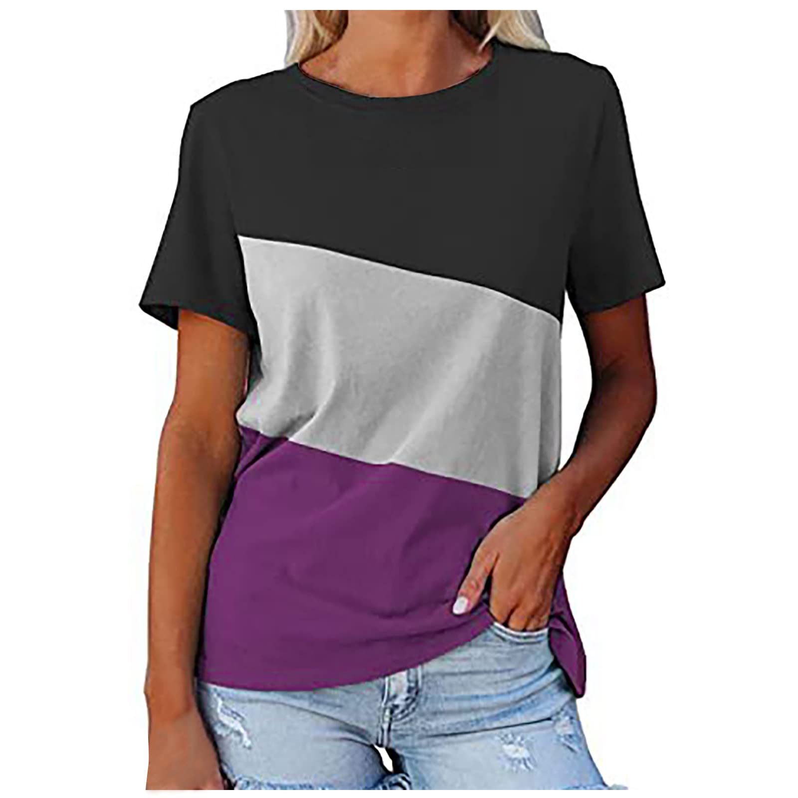 Women's Triple Color Block Short Sleeve T-Shirt - Casual Loose Fit Crewneck Top for Summer 2022 | Perfect for Everyday Wear, Outings & Casual Occasions